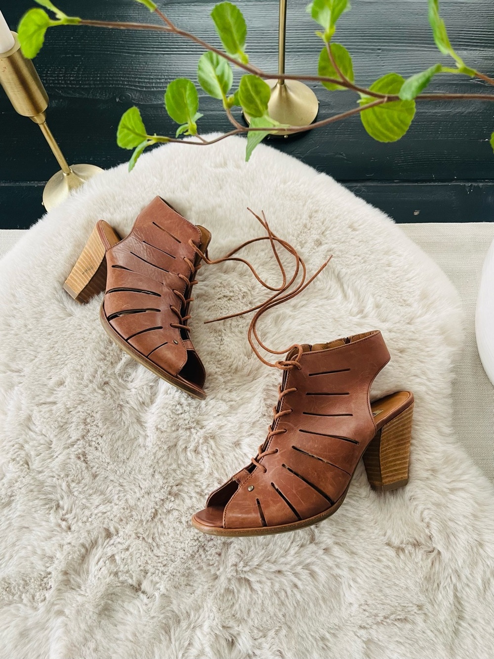 paul green Women’s Brown Lace-Up Cutout Block Heel Sandals leather NEW sz 6 US